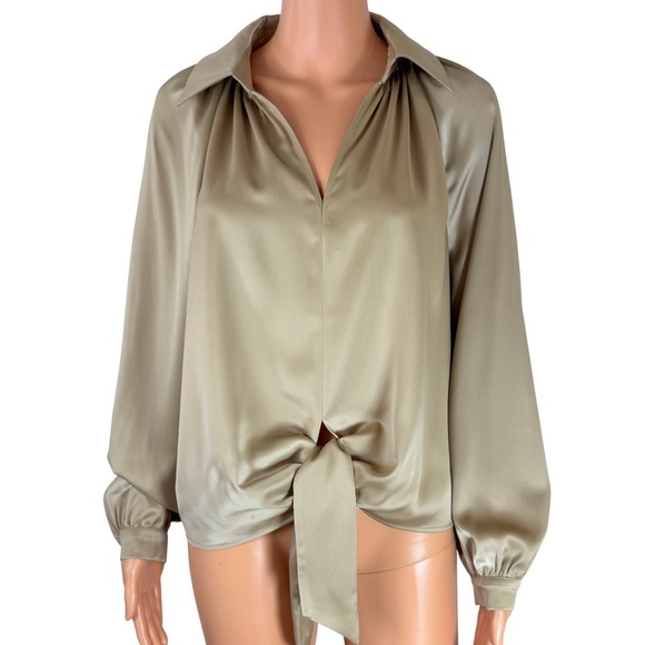 Anne Klein Tops - Anne Klein Coffee Cream Tie Front Satin Blouse Long Sleeve V-Neck Top Medium NEW